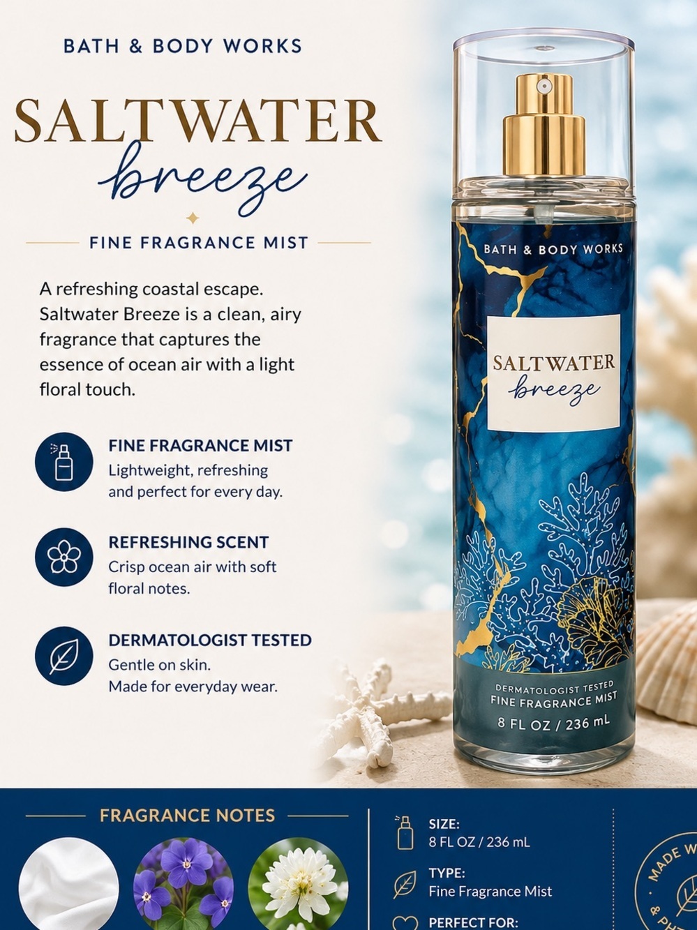 Bath & Body Works Saltwater Breeze Body Mist Blue Gold - OS